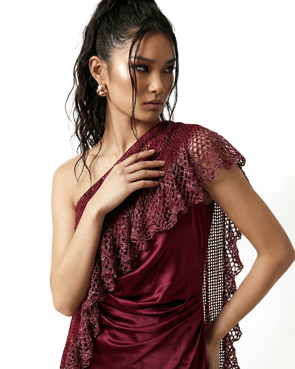 ASTRIA Crochet One Shoulder Dress - Burgandy