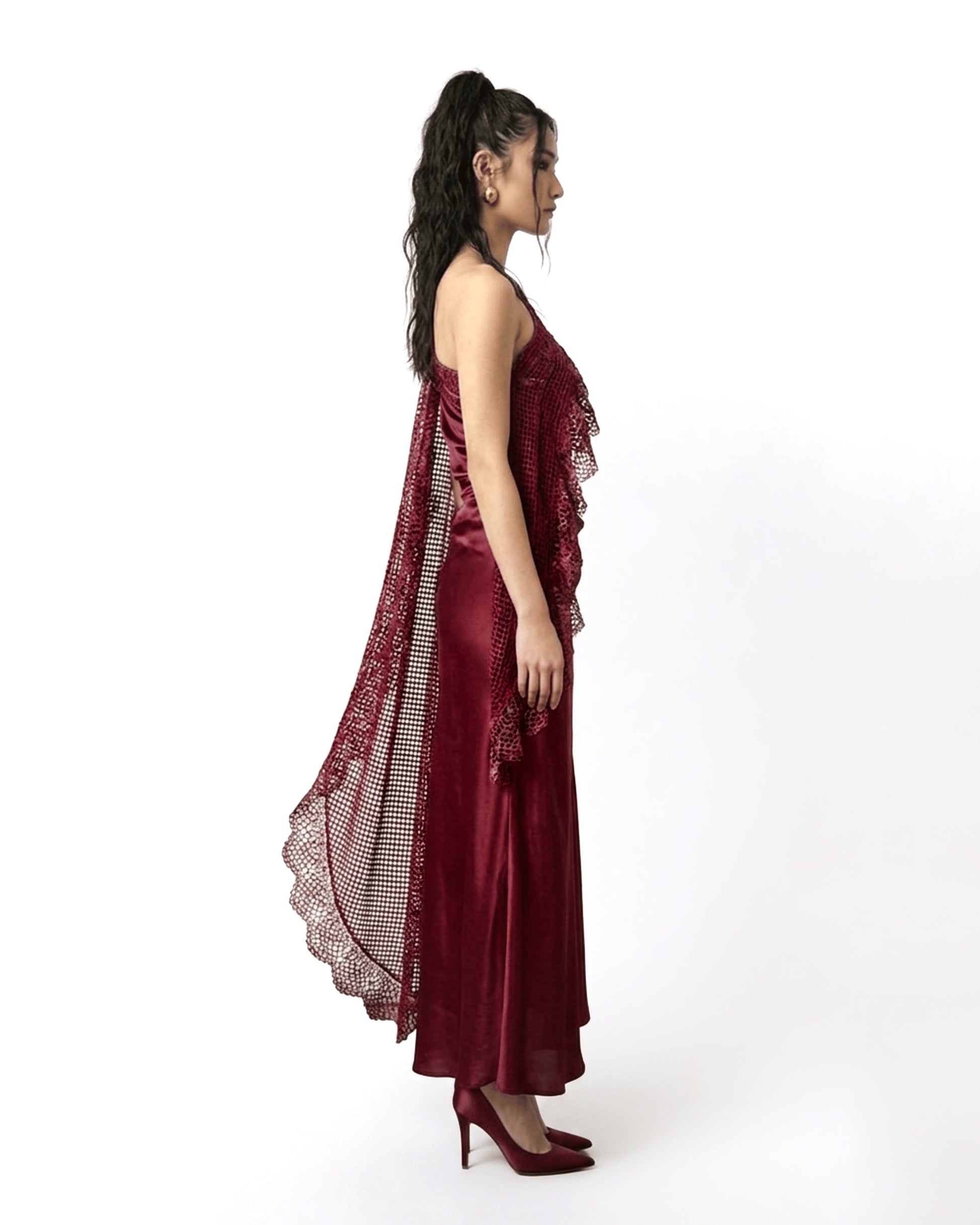 ASTRIA Crochet One Shoulder Dress - Burgandy