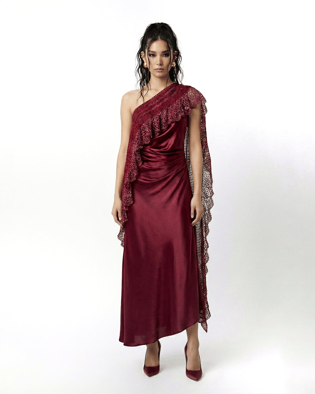 ASTRIA Crochet One Shoulder Dress - Burgandy