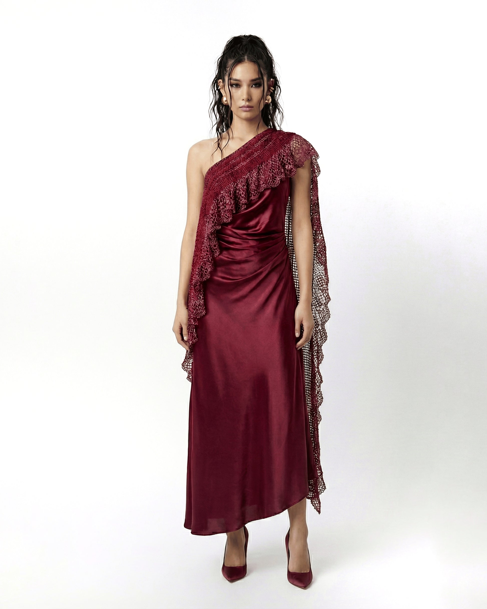 ASTRIA Crochet One Shoulder Dress - Burgandy